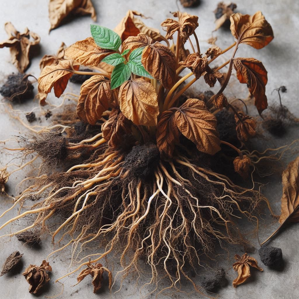 An AI generated image of a plant with roots and leaves