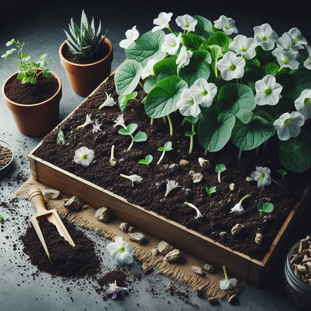 AI generated image of a tray filled with compost and a flowering plant